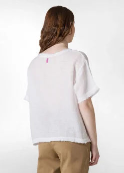 Flash Sale T-Shirt Sfrangiata In Lino Bianco Donna Top & T-Shirts