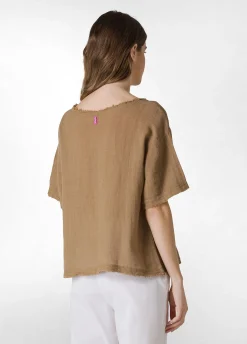 Shop T-Shirt Sfrangiata In Lino Marrone Donna Top & T-Shirts
