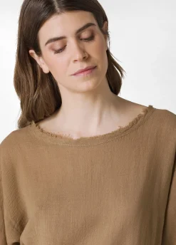 Shop T-Shirt Sfrangiata In Lino Marrone Donna Top & T-Shirts