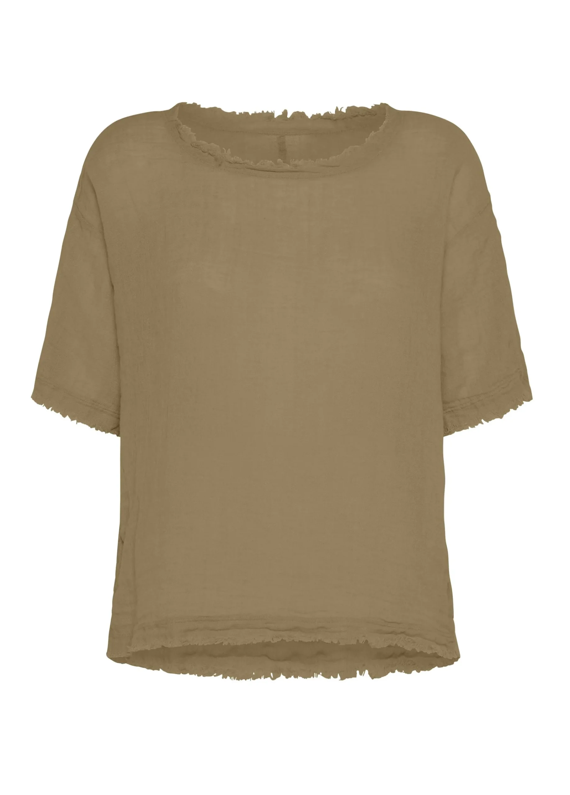 Shop T-Shirt Sfrangiata In Lino Marrone Donna Top & T-Shirts
