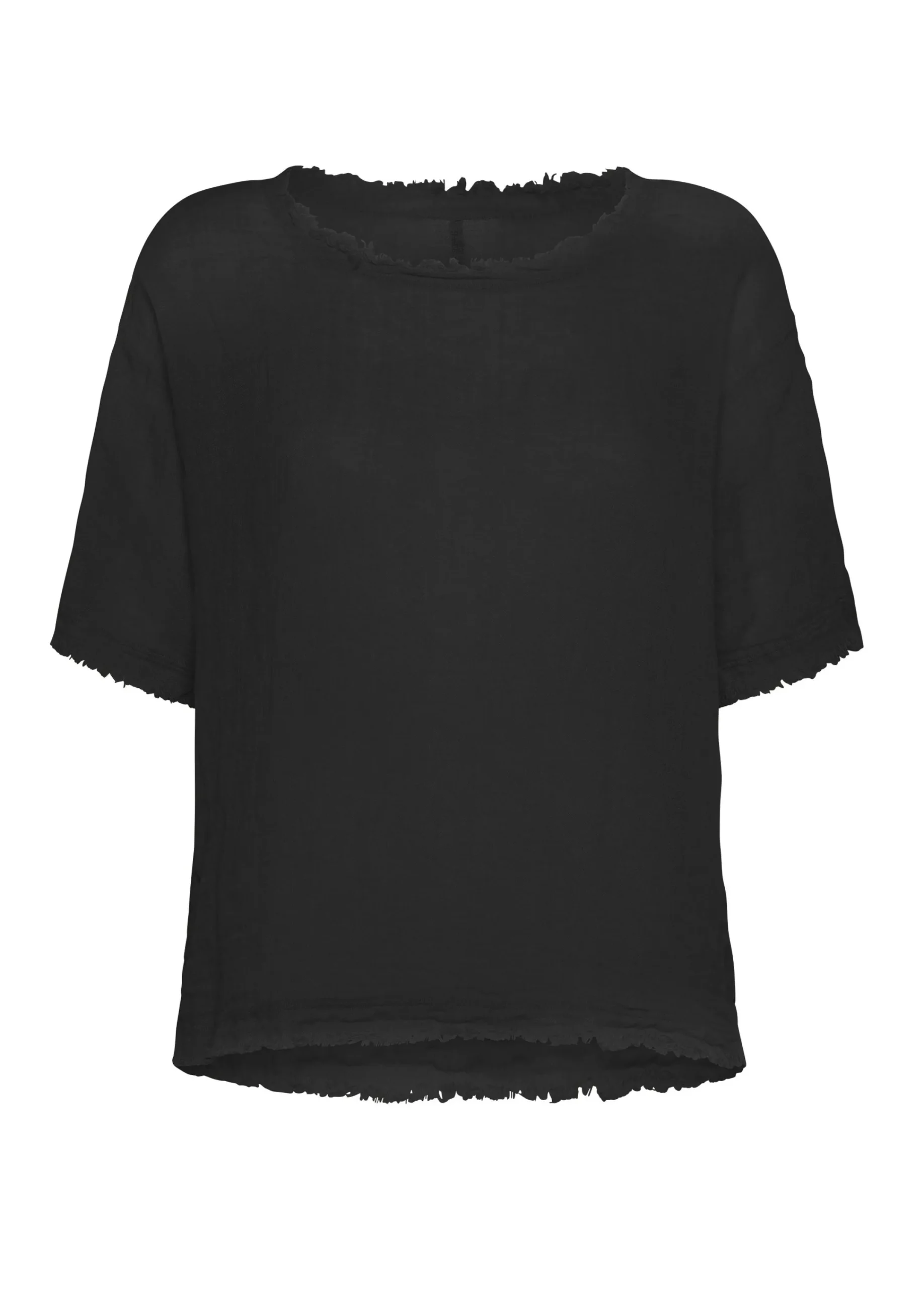 Fashion T-Shirt Sfrangiata In Lino Nero Donna Top & T-Shirts
