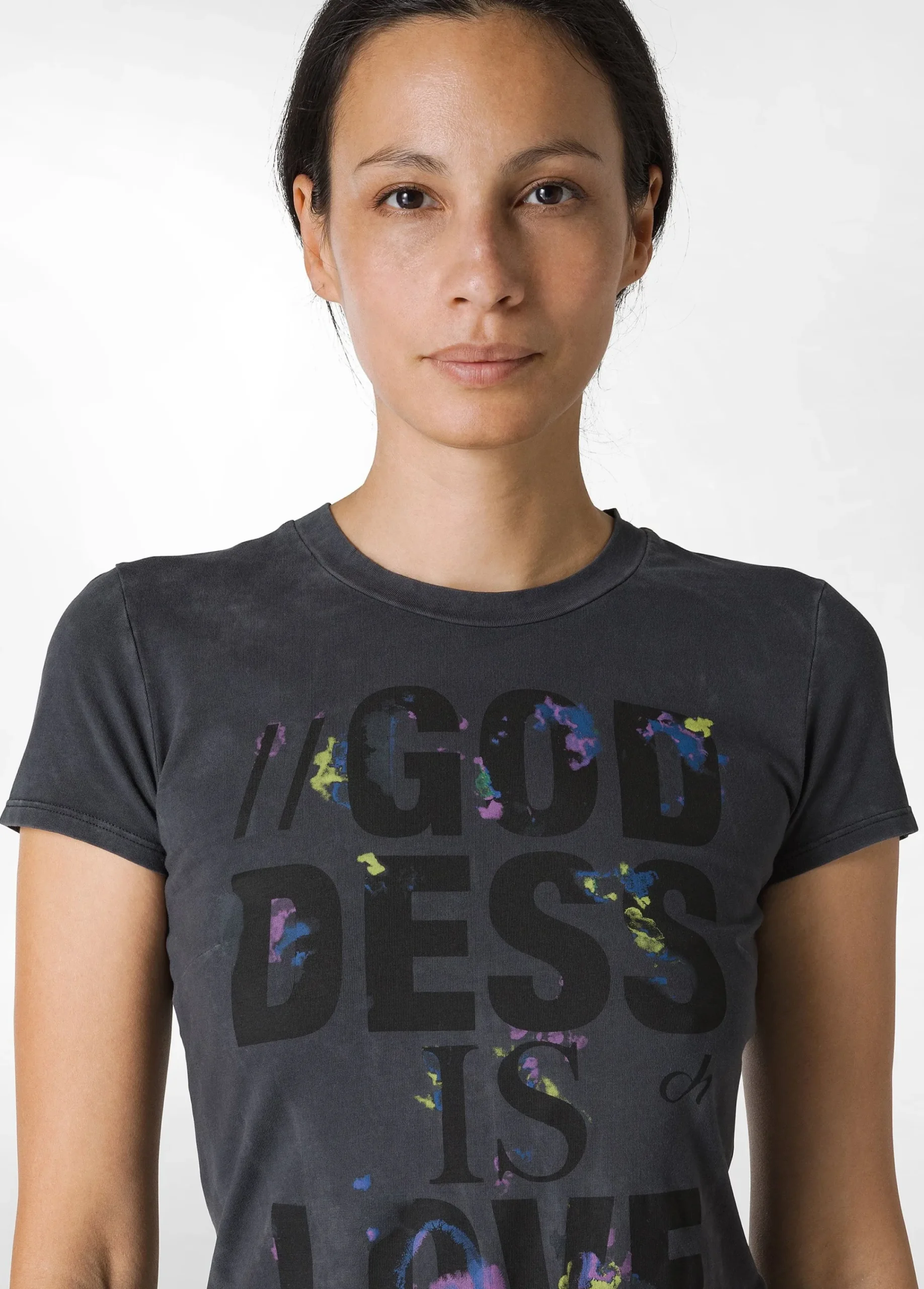 Sale T-Shirt Stretch Marmorizzata Con Grafica Nero Donna Top & T-Shirts