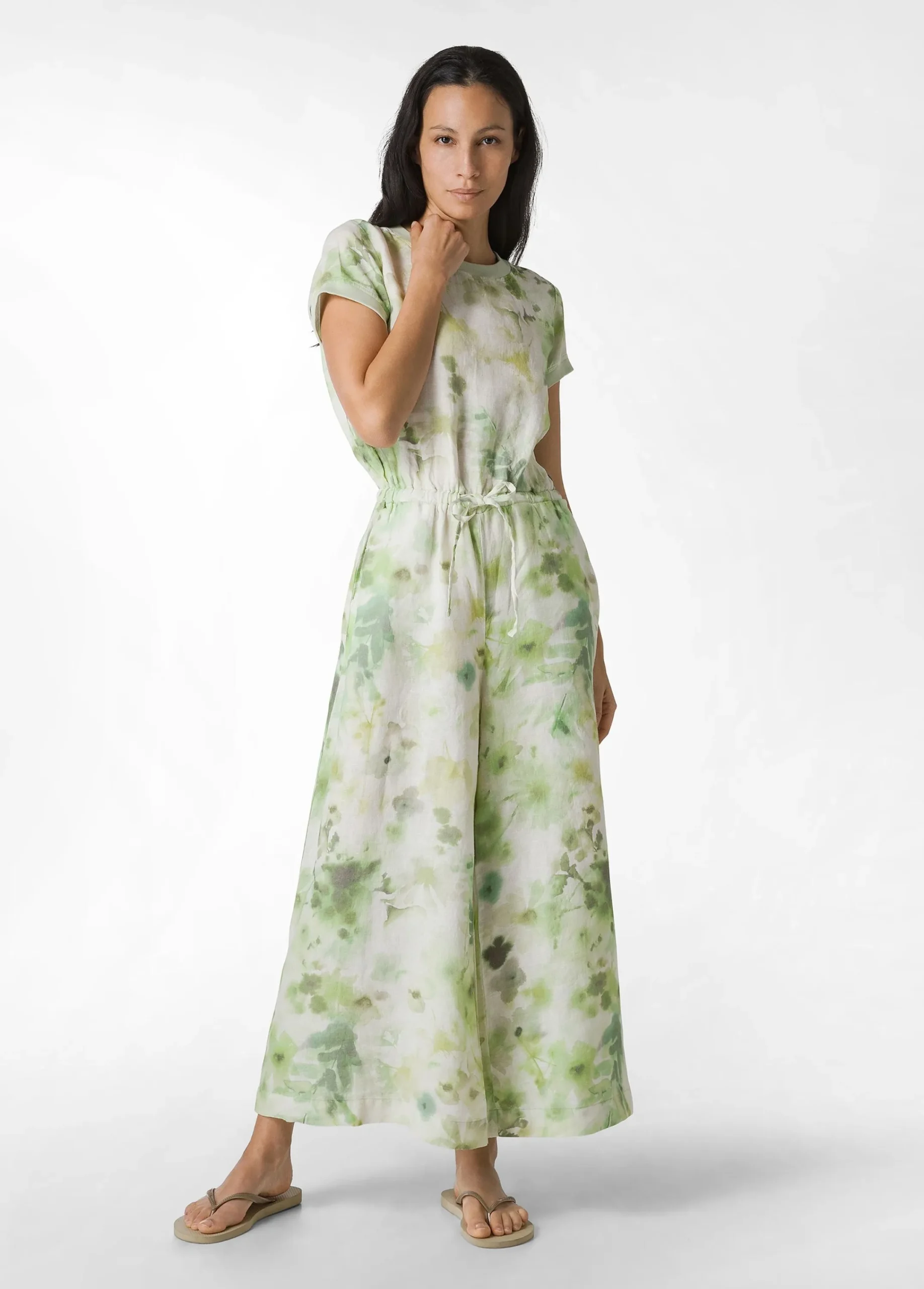 Cheap Tuta Intera In Lino Stampata Verde Donna Vestiti, Gonne E Tute